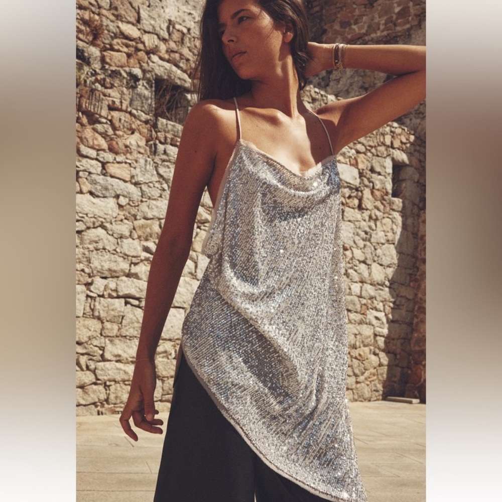 Zara Silver Asymmetrical Sequin Top